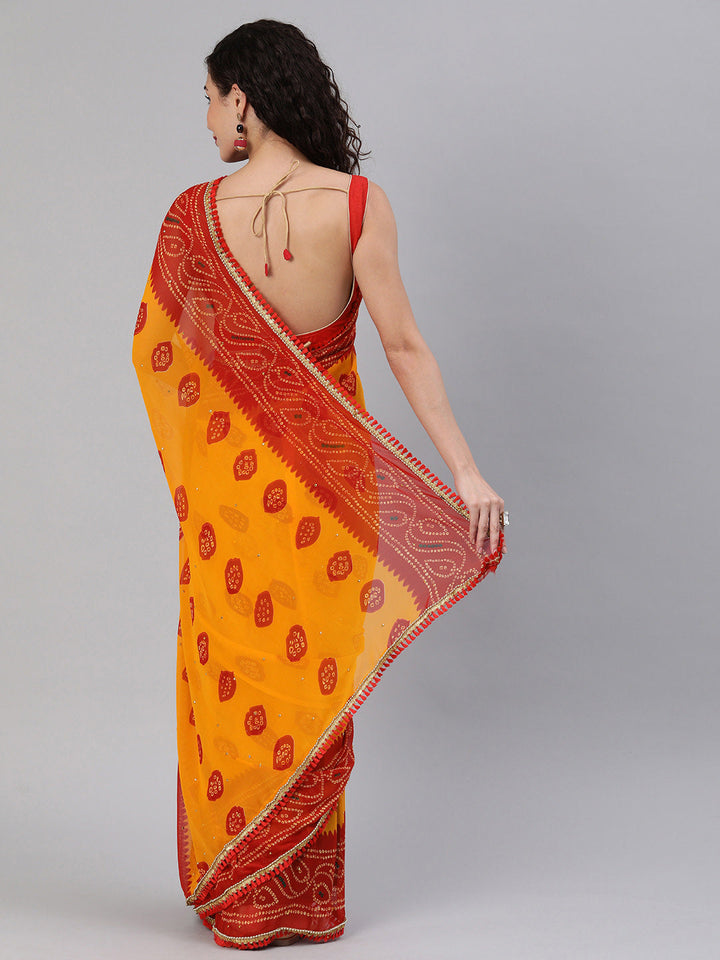 Tie And Dye Bandhani Georgette Saree with Gold Bead Work Tassels Border