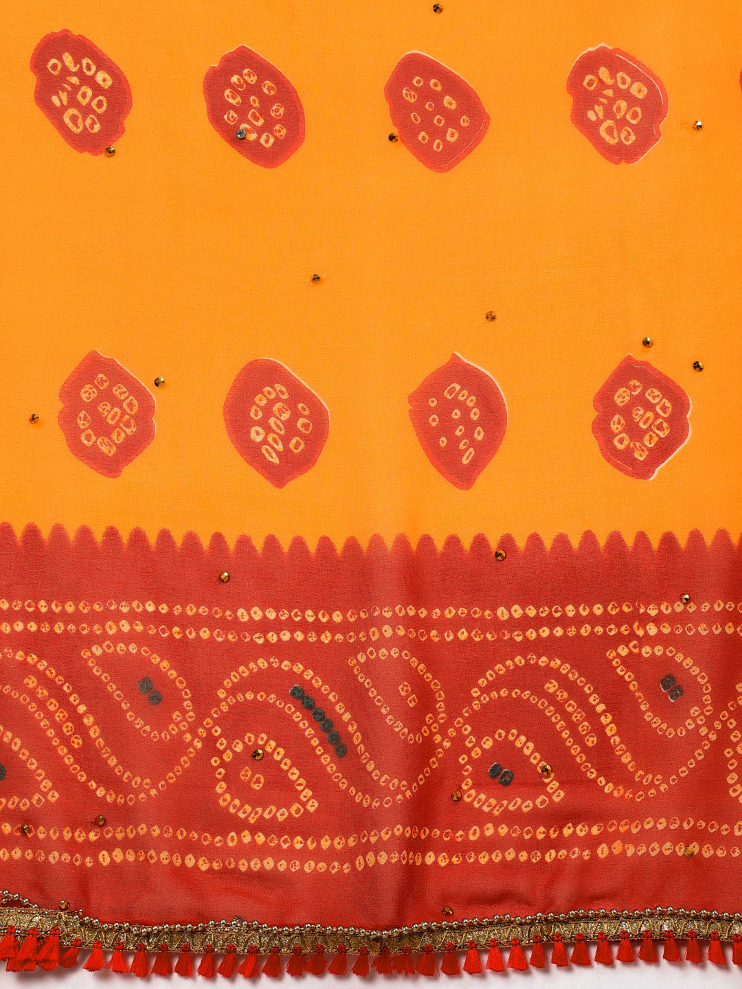 Tie And Dye Bandhani Georgette Saree with Gold Bead Work Tassels Border