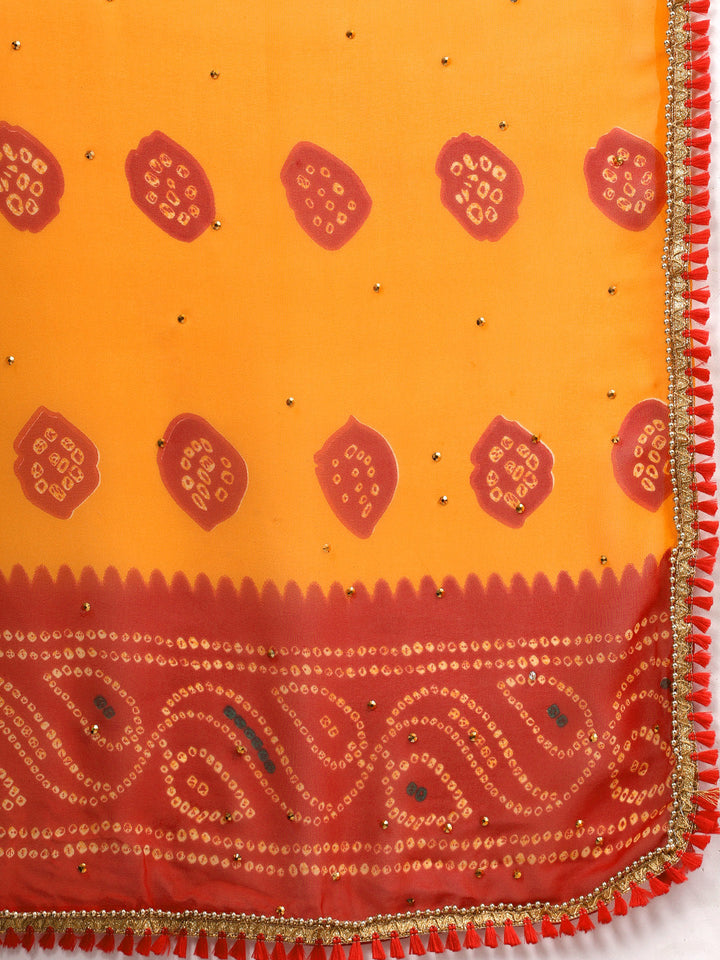 Tie And Dye Bandhani Georgette Saree with Gold Bead Work Tassels Border