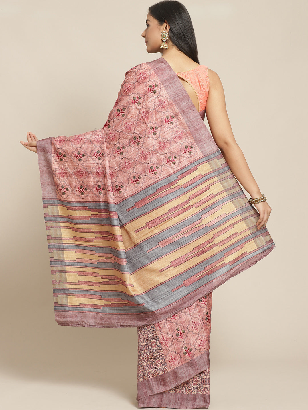 Kantha embroidered Handloom Half-and-Half Saree with Ethnic Indie Print in pleats