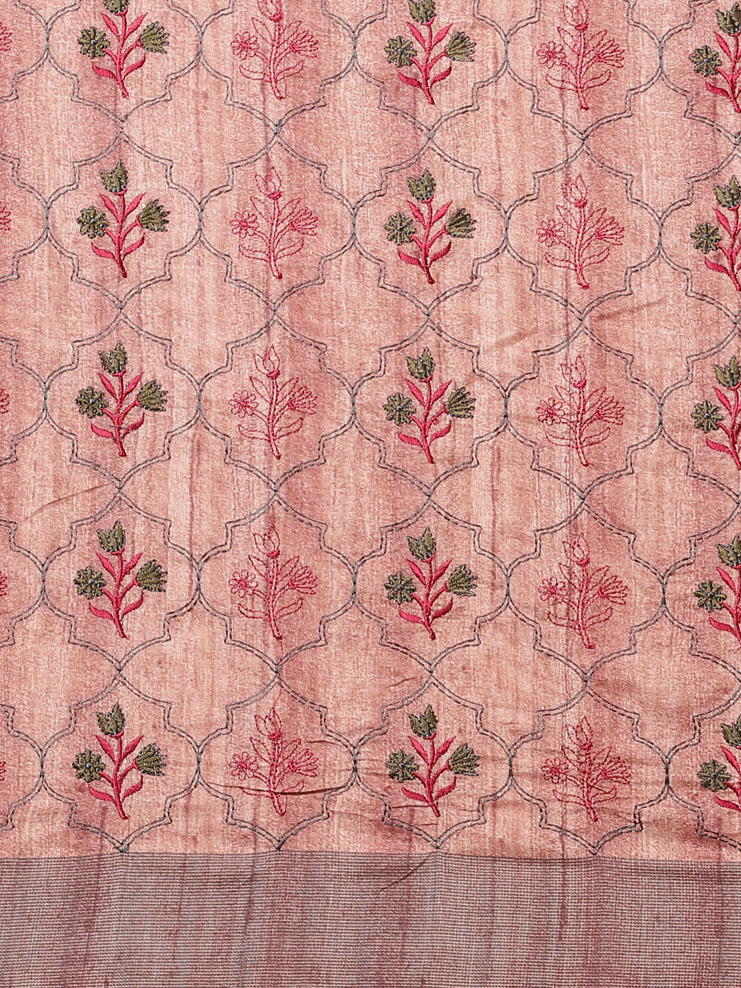Kantha embroidered Handloom Half-and-Half Saree with Ethnic Indie Print in pleats