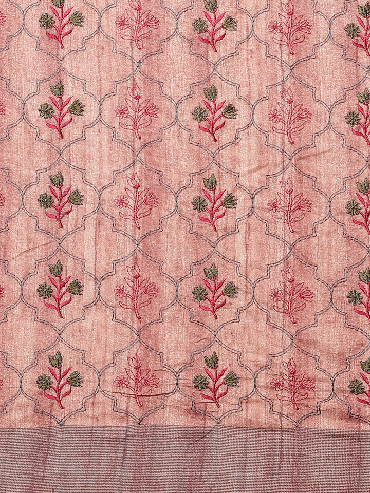Kantha embroidered Handloom Half-and-Half Saree with Ethnic Indie Print in pleats
