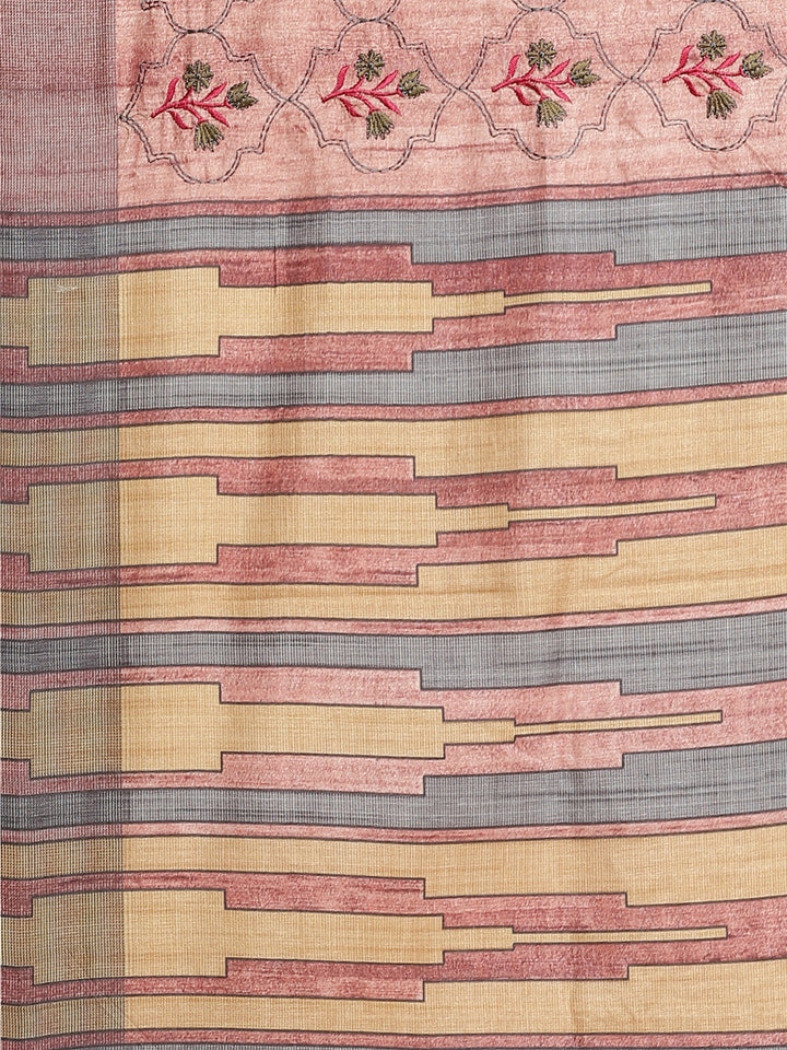 Kantha embroidered Handloom Half-and-Half Saree with Ethnic Indie Print in pleats