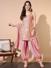 Pink Resham Embroidered Pathani Kurta Set with Afghan Salwar