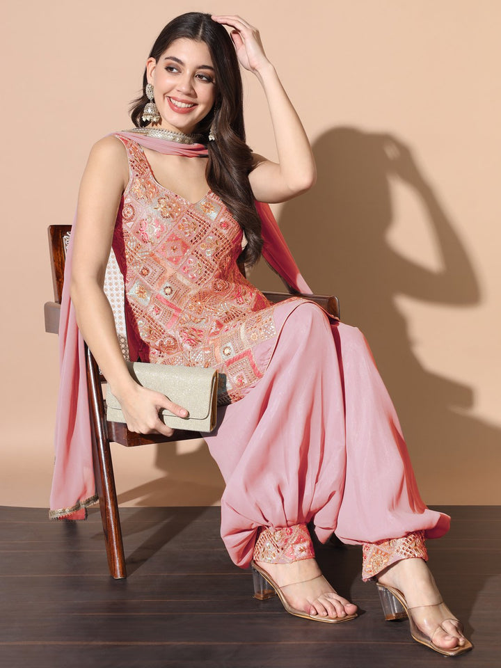 Pink Resham Embroidered Pathani Kurta Set with Afghan Salwar