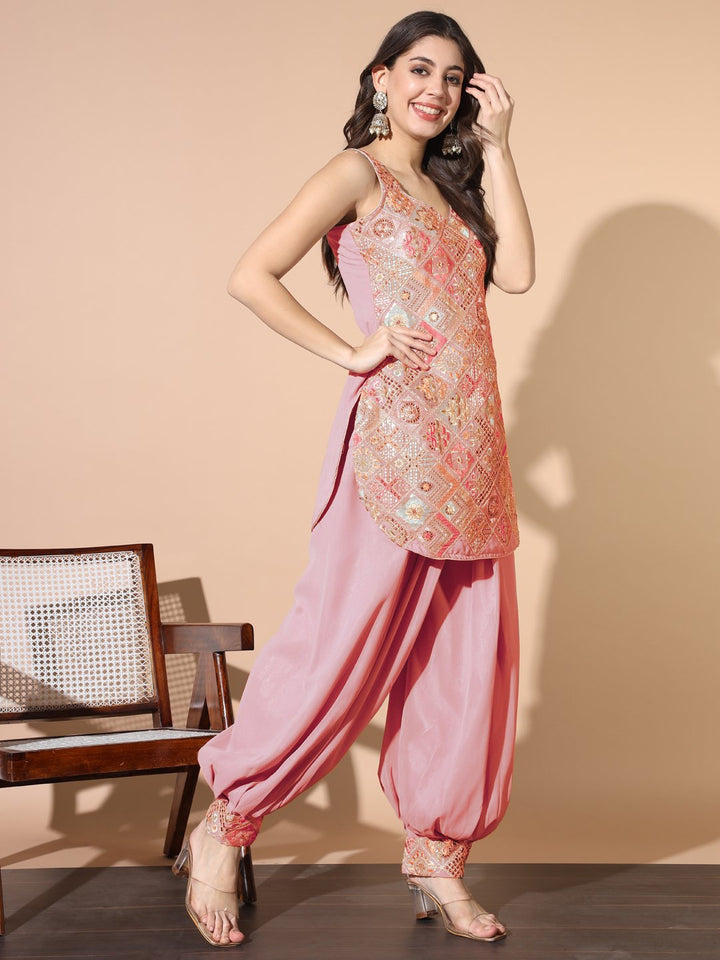 Pink Resham Embroidered Pathani Kurta Set with Afghan Salwar