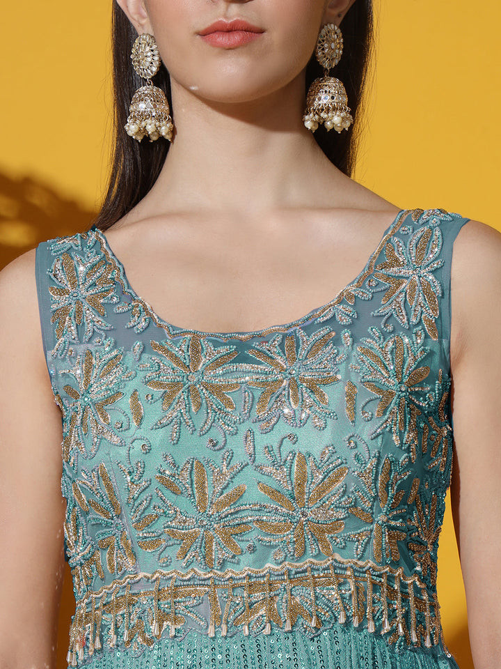 Mermaid Sequin Embellished Cocktail Gown with Floral Motifs
