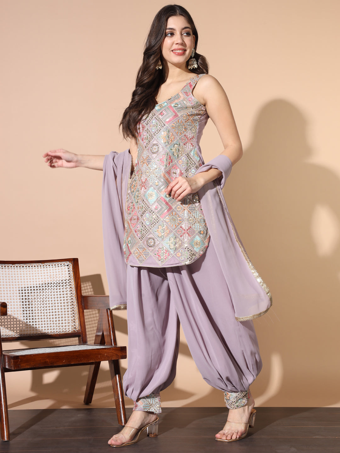Lavender Resham Embroidered Pathani Kurta Set with Afghan Salwar