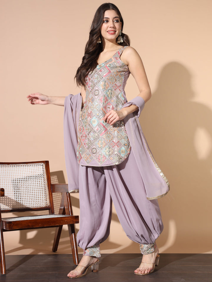 Lavender Resham Embroidered Pathani Kurta Set with Afghan Salwar