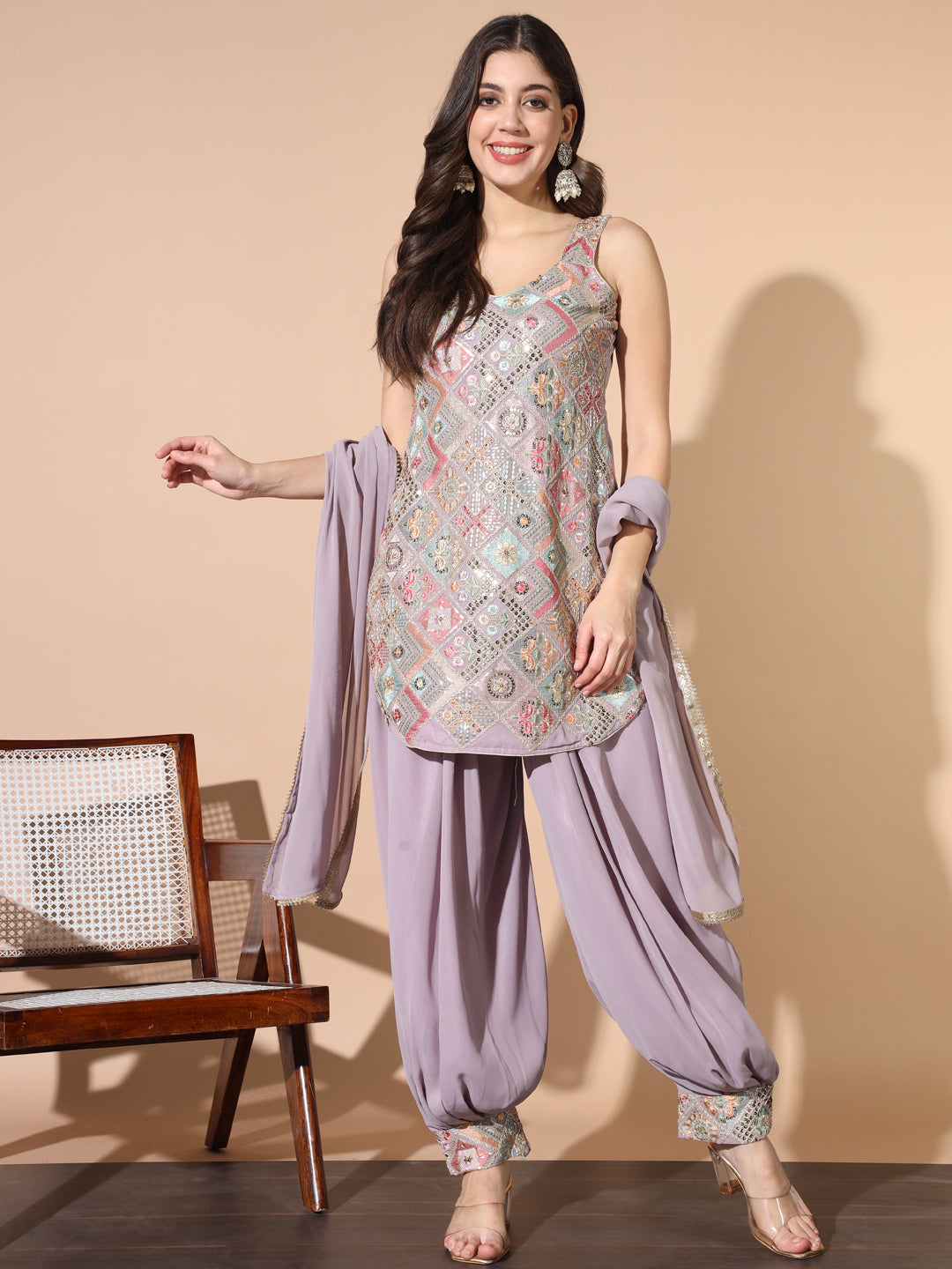 Lavender Resham Embroidered Pathani Kurta Set with Afghan Salwar