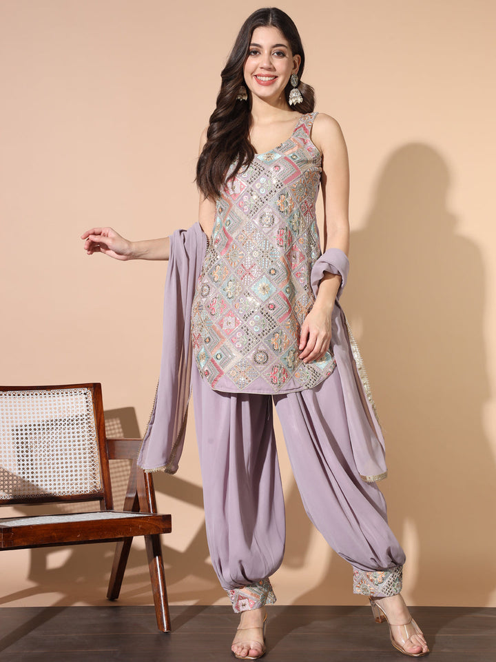 Lavender Resham Embroidered Pathani Kurta Set with Afghan Salwar