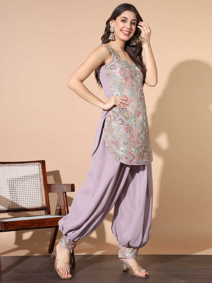 Lavender Resham Embroidered Pathani Kurta Set with Afghan Salwar