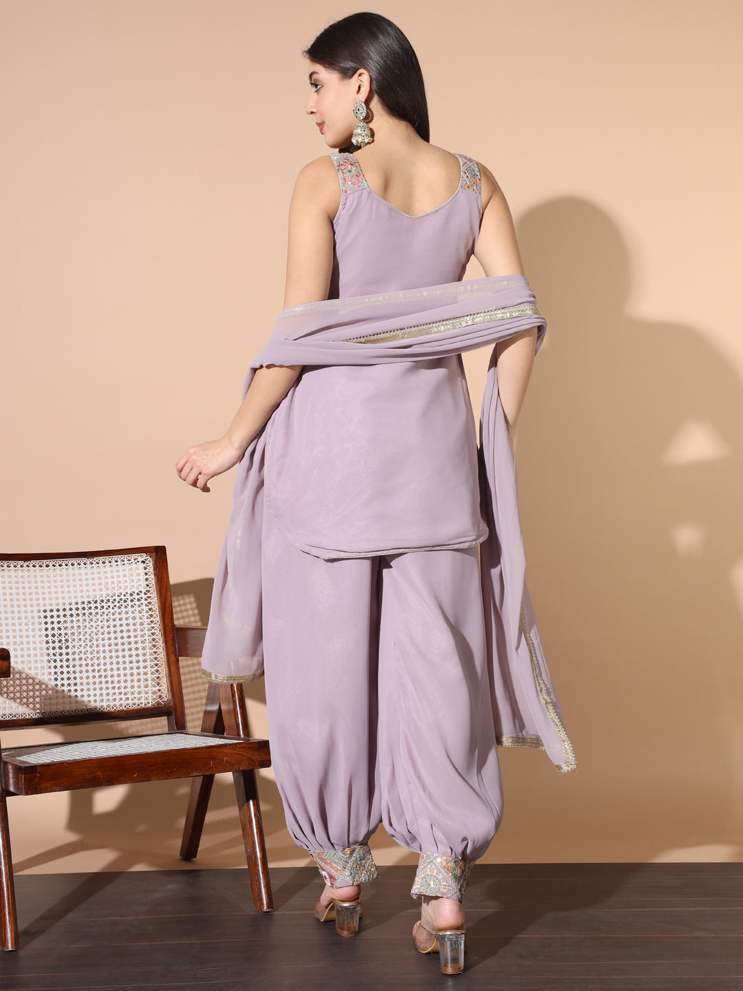 Lavender Resham Embroidered Pathani Kurta Set with Afghan Salwar
