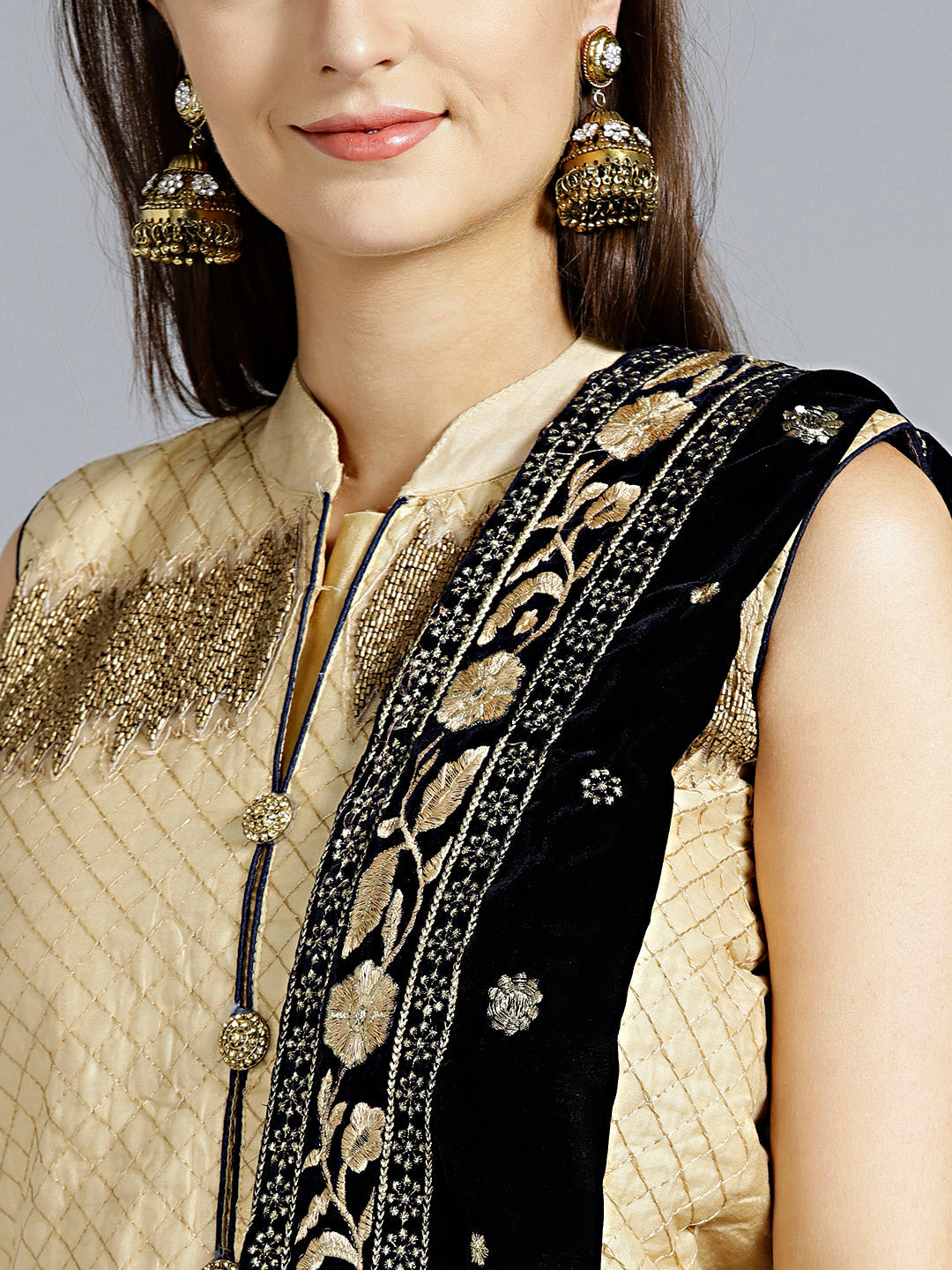 Textured Anarkali Suit with Velvet Embroidered Dupatta