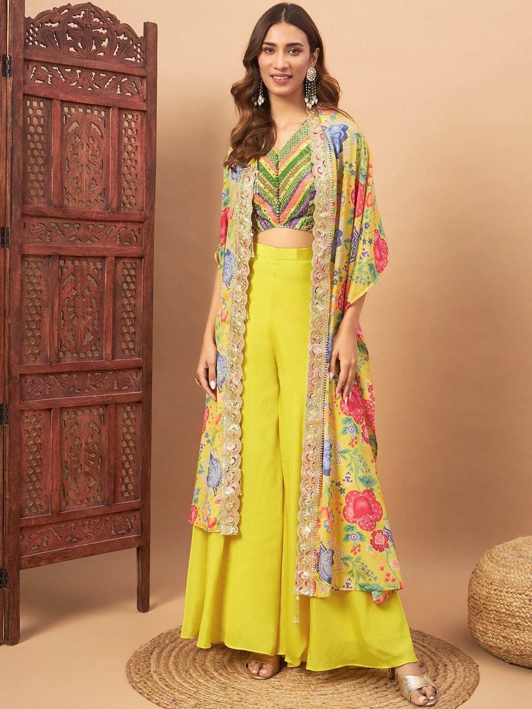 Chhabra 555 Digital Print Mirror Embellished Crop-Top Palazzo Set with Scalloped Embroidered Cape