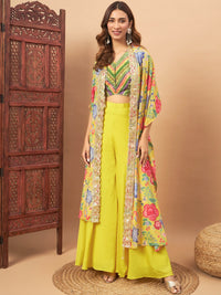 Chhabra 555 Digital Print Mirror Embellished Crop-Top Palazzo Set with Scalloped Embroidered Cape