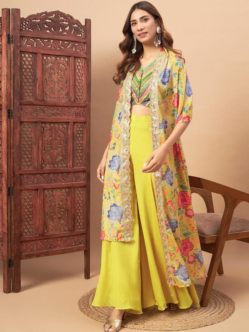 Chhabra 555 Digital Print Mirror Embellished Crop-Top Palazzo Set with Scalloped Embroidered Cape