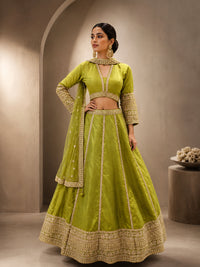 Olive Green Crepe Cut-Out Blouse Lehenga with Crystal & Sequin Tassels & Laheriya Dupatta
