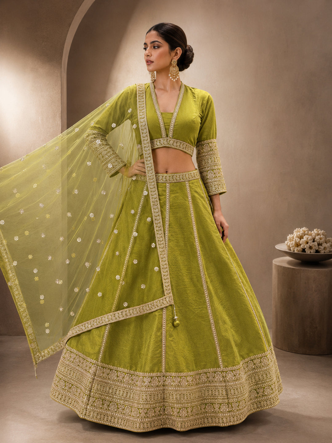 Olive Green Crepe Cut-Out Blouse Lehenga with Crystal & Sequin Tassels & Laheriya Dupatta