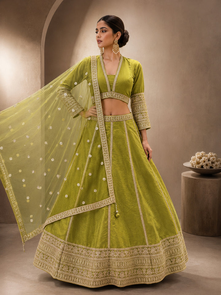 Olive Green Crepe Cut-Out Blouse Lehenga with Crystal & Sequin Tassels & Laheriya Dupatta