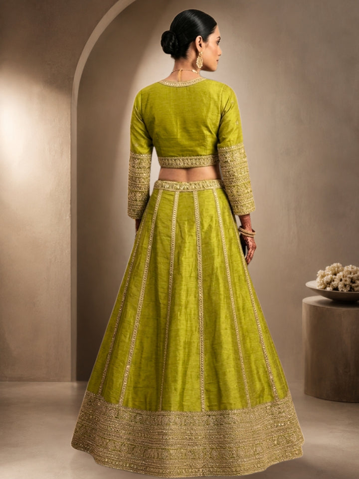 Olive Green Crepe Cut-Out Blouse Lehenga with Crystal & Sequin Tassels & Laheriya Dupatta