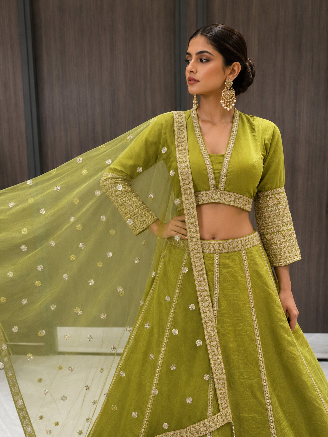 Olive Green Crepe Cut-Out Blouse Lehenga with Crystal & Sequin Tassels & Laheriya Dupatta