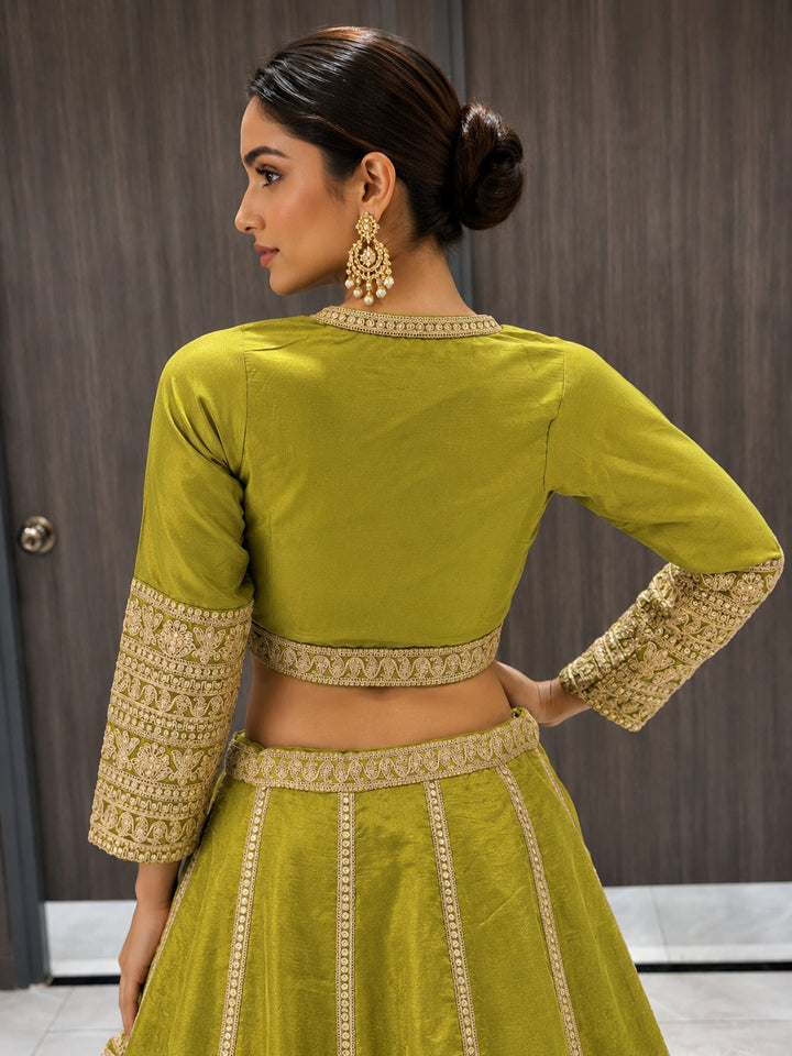 Olive Green Crepe Cut-Out Blouse Lehenga with Crystal & Sequin Tassels & Laheriya Dupatta