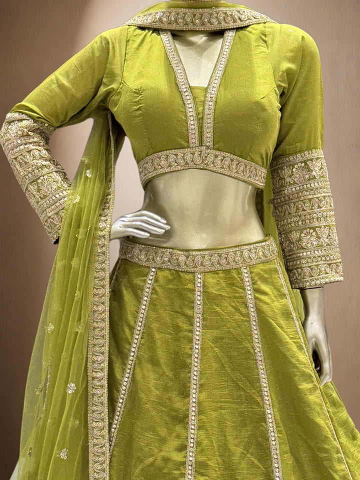 Olive Green Crepe Cut-Out Blouse Lehenga with Crystal & Sequin Tassels & Laheriya Dupatta