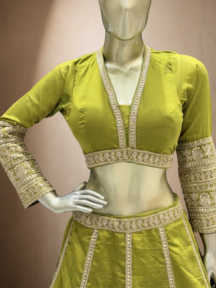 Olive Green Crepe Cut-Out Blouse Lehenga with Crystal & Sequin Tassels & Laheriya Dupatta