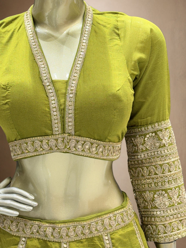 Olive Green Crepe Cut-Out Blouse Lehenga with Crystal & Sequin Tassels & Laheriya Dupatta
