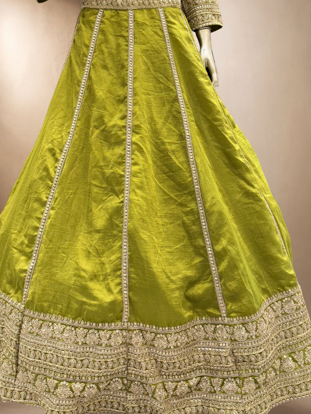 Olive Green Crepe Cut-Out Blouse Lehenga with Crystal & Sequin Tassels & Laheriya Dupatta