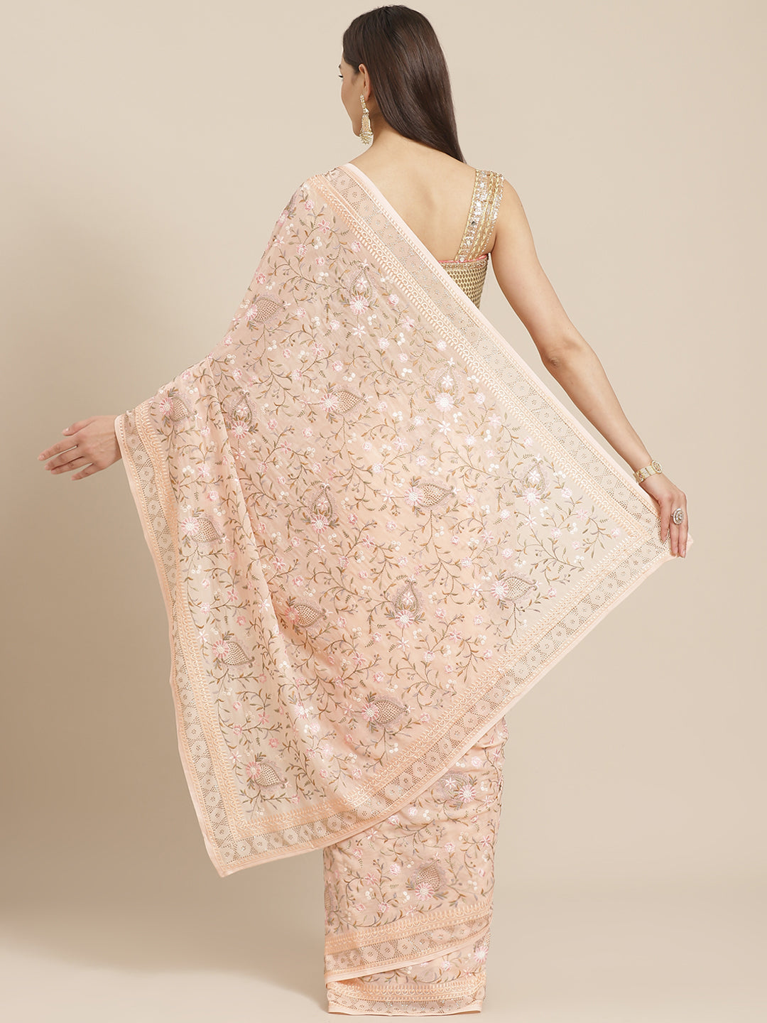 Pastel Georgette Saree With Multicolor Resham Embroidered Floral Jaal & Swarovski Crystal Border