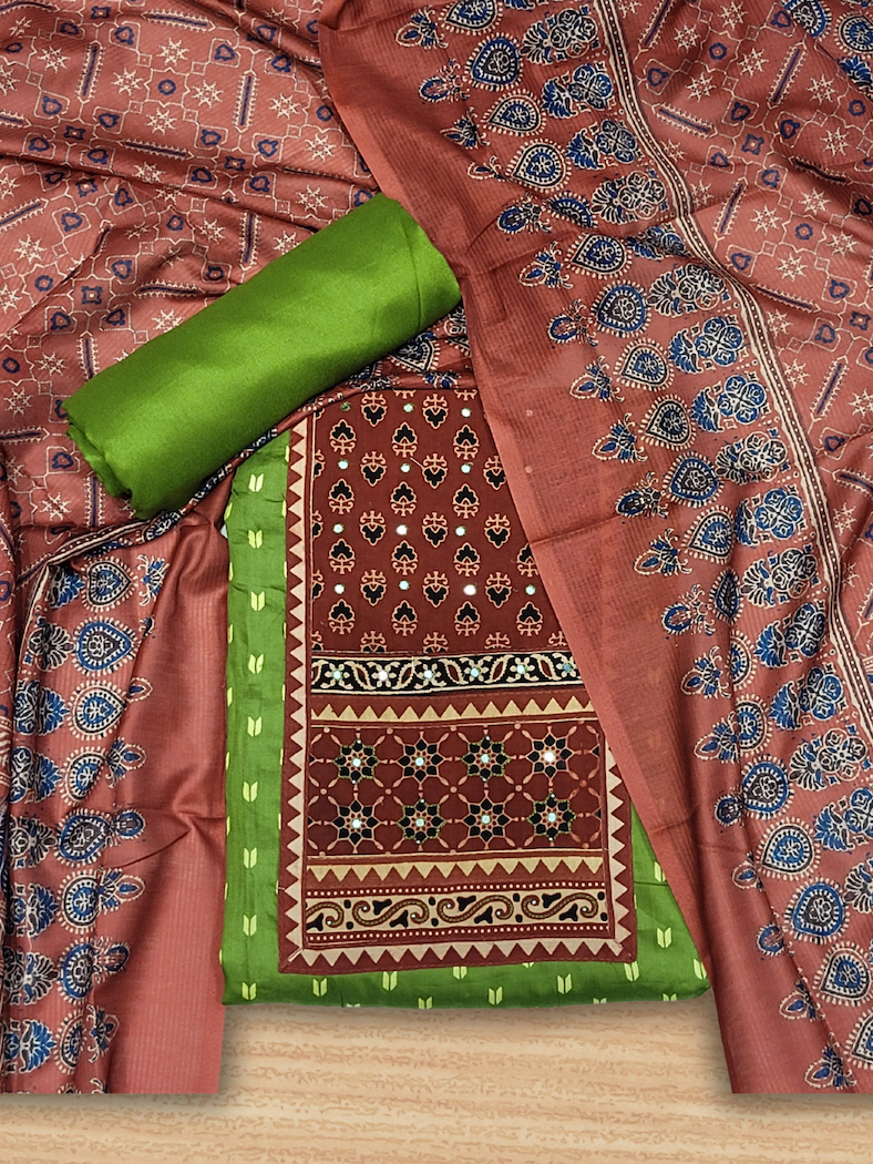 Chhabra 555 Ethnic Ajrak Block Print Cotton Suit Dupatta with Mirror Embelishments & Contrast colors