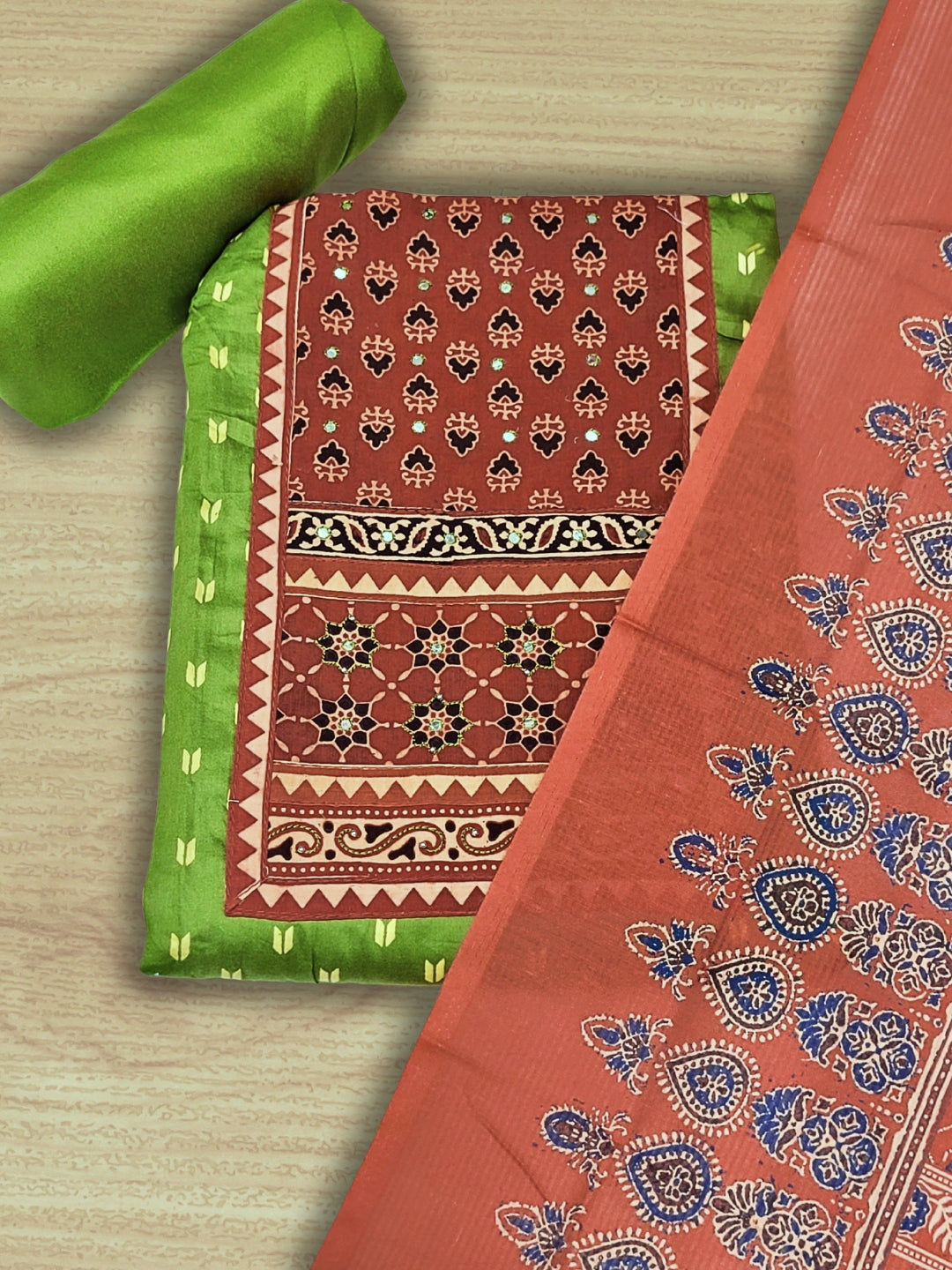 Ethnic Ajrak Block Print Cotton Suit Dupatta with Mirror Embelishments & Contrast colors