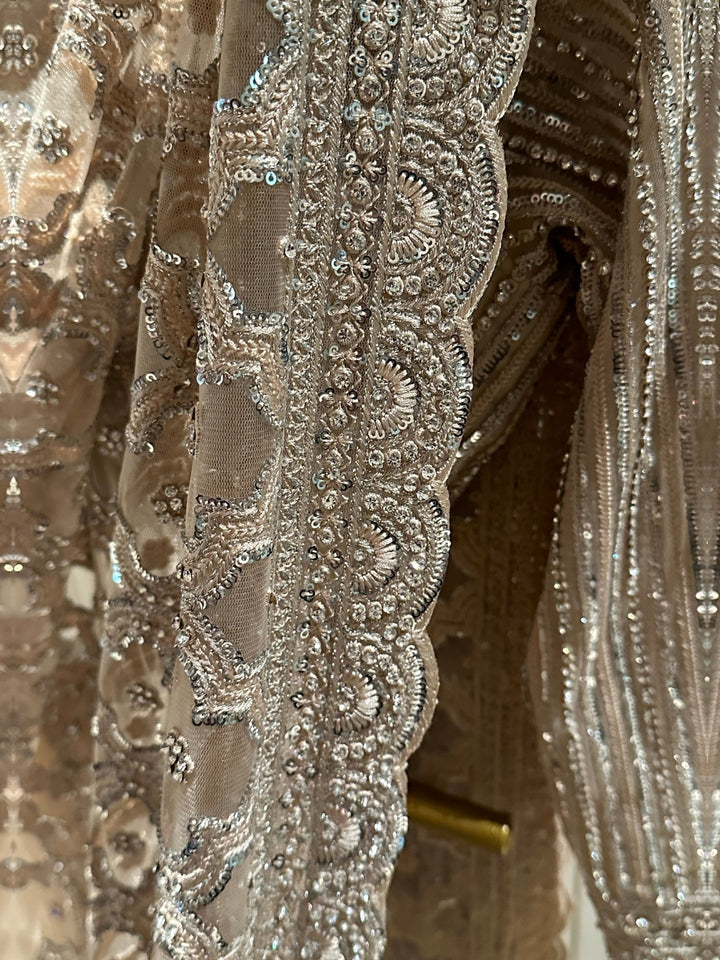 Elegant Beige Embroidered Net Saree