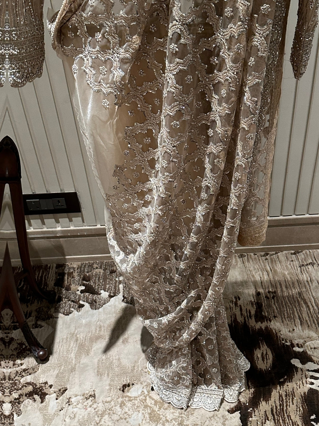 Elegant Beige Embroidered Net Saree