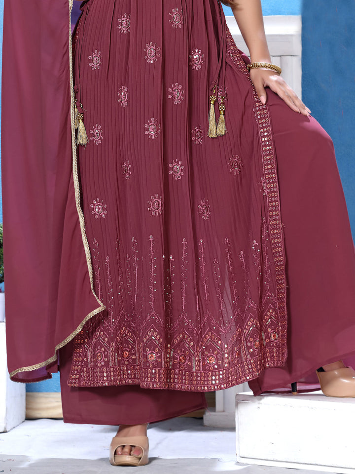 Resham Embroidered Nyraa Style Georgette Kurta Palazzo & Dupatta Set