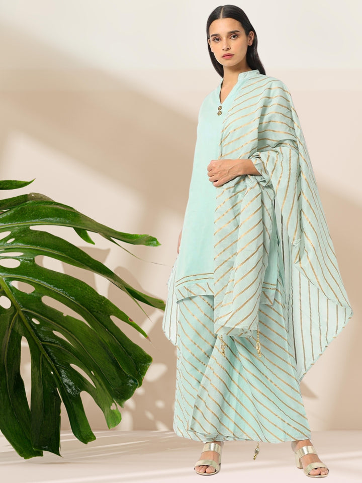 Sea Green Solid Kurta With Striped Leheriya Dupatta & Palazzo