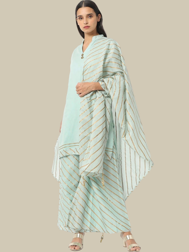 Sea Green Solid Kurta With Striped Leheriya Dupatta & Palazzo
