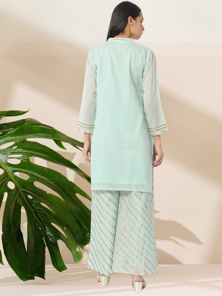Sea Green Solid Kurta With Striped Leheriya Dupatta & Palazzo