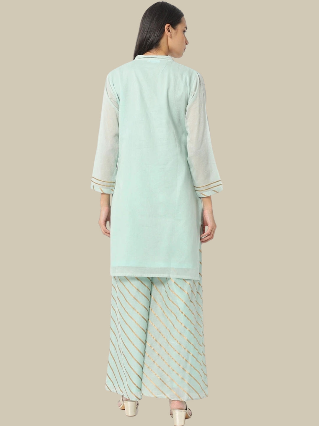 Sea Green Solid Kurta With Striped Leheriya Dupatta & Palazzo