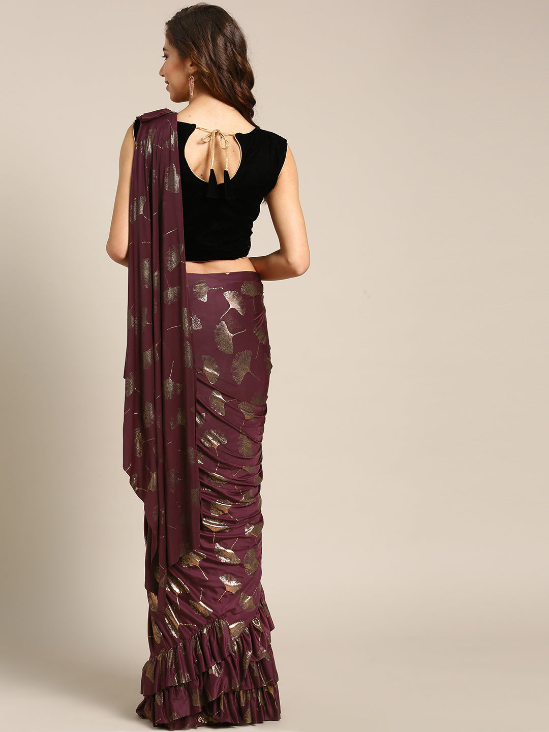 Draped Ruffled Lycra Foil Printed Pre-stitched Saree with Sequin Embellished Blouse