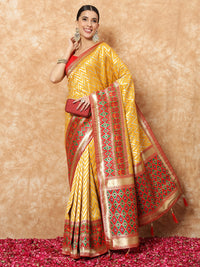 Chhabra 555 Mustard Banarasi Handloom Silk Saree with Chevron Weaving & Contrast Red ikat Border
