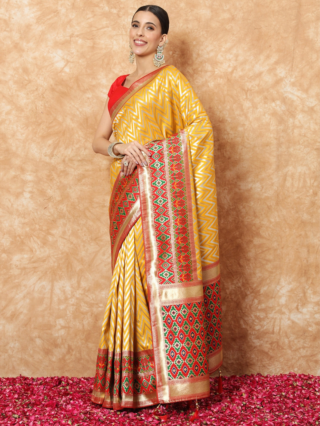 Mustard Banarasi Handloom Silk Saree with Contrast Red ikat Border