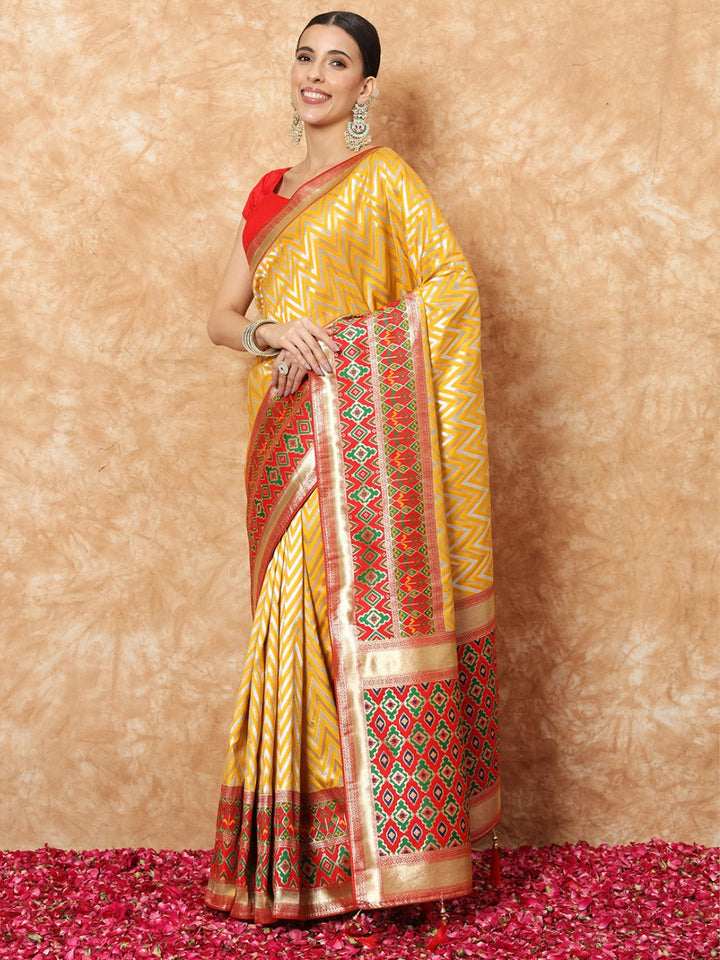 Mustard Banarasi Handloom Silk Saree with Contrast Red ikat Border
