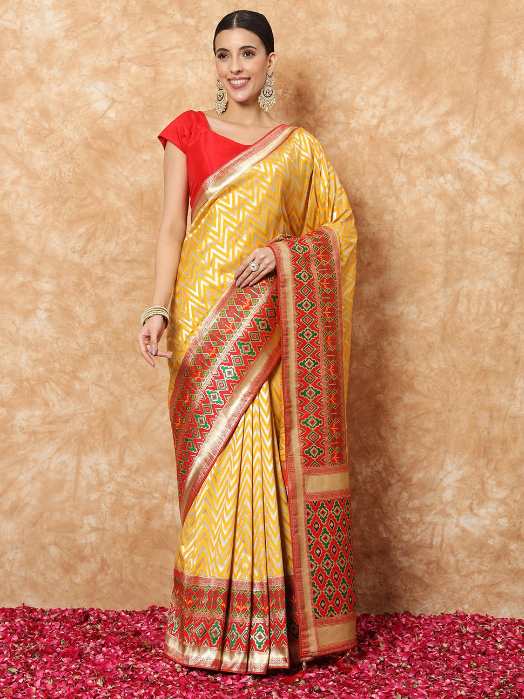 Mustard Banarasi Handloom Silk Saree with Contrast Red ikat Border
