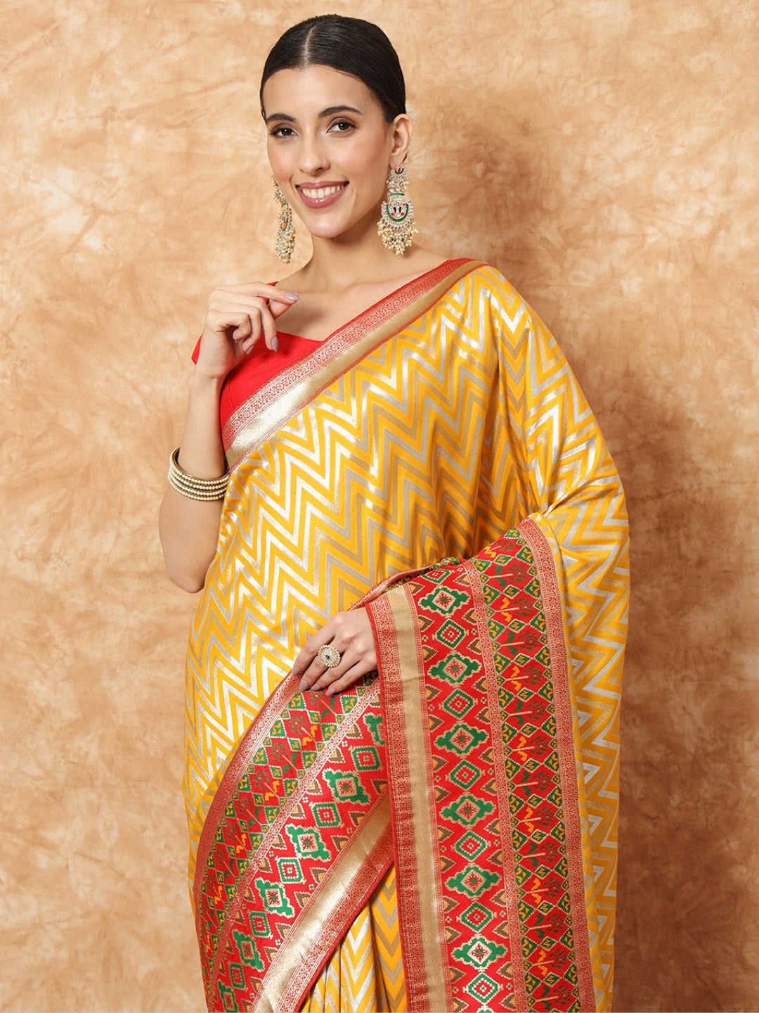 Mustard Banarasi Handloom Silk Saree with Contrast Red ikat Border