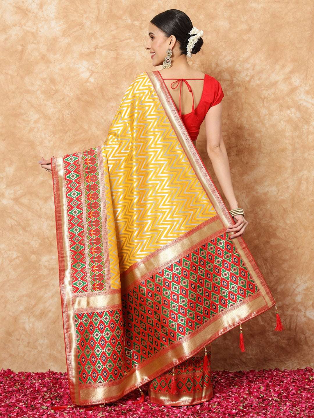 Mustard Banarasi Handloom Silk Saree with Contrast Red ikat Border