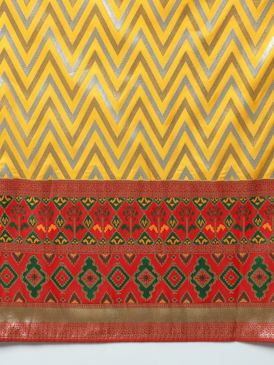 Mustard Banarasi Handloom Silk Saree with Contrast Red ikat Border