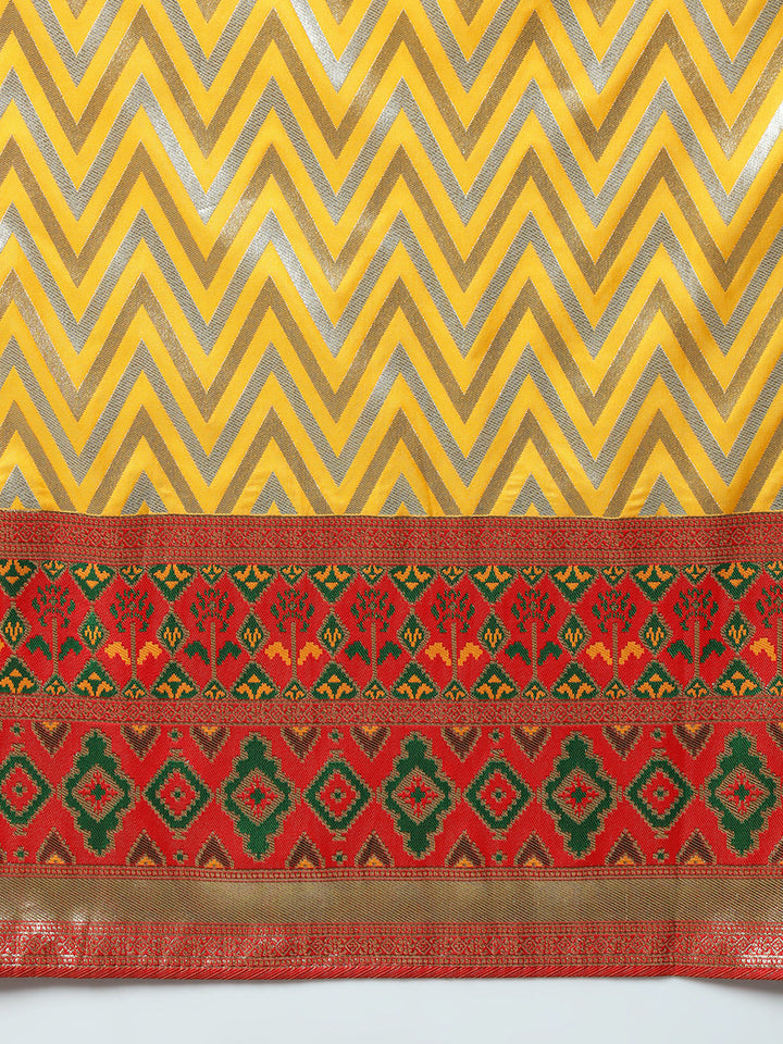 Mustard Banarasi Handloom Silk Saree with Contrast Red ikat Border